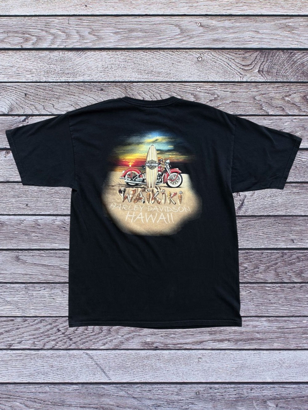 Harley-Davidson Waikiki, Hawaii Surfboard and Sunset Black T-Shirt Men’s L